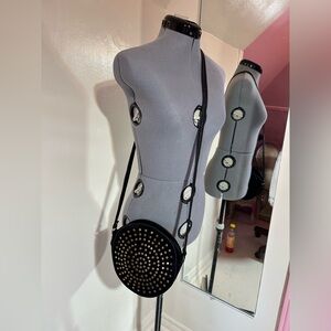 Round Leather Black Crossbody with Gold Stud Detailing